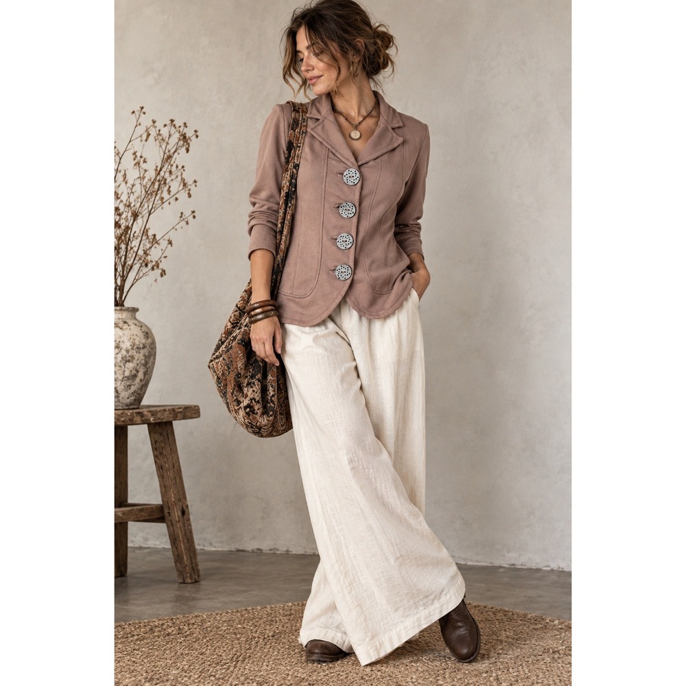Neon Buddha Taupe Stretch Knit Blazer Jacket XL Boho Artsy Minimalist Lagenlook